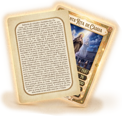 Todas as cartas com curiosidades e histórico sobre cada santo no verso